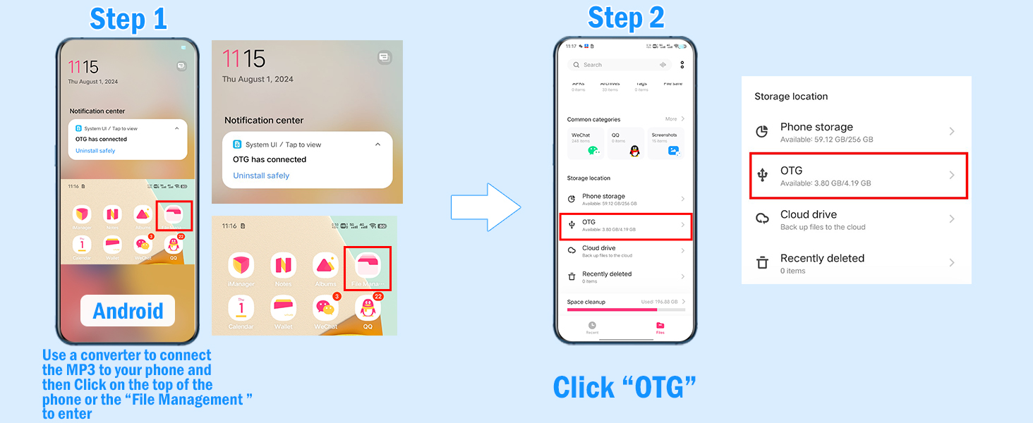 The OTG cable transfers songs from the phone to the mini music player