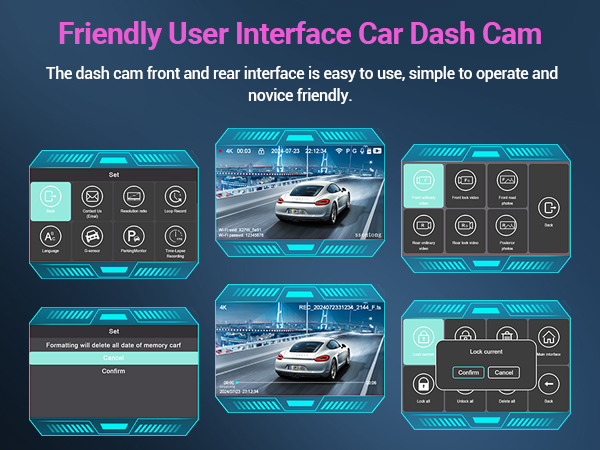 Car dash cam interface display showing six screens with menu options, camera views, and driving footage in blue-themed UI design.