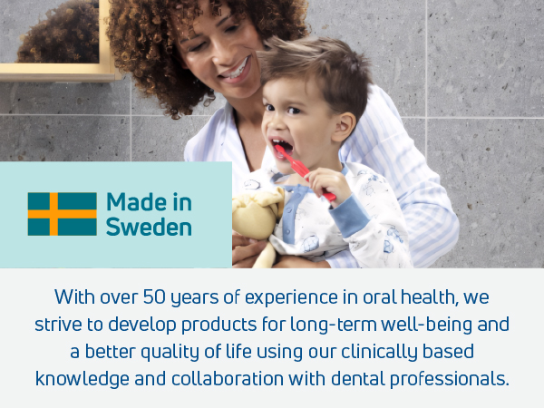 Information about TePe dental-care products. Text reads: Made in Sweden. 