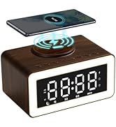 Keweiwo Wooden Bluetooth Speaker Alarm Clock with Wireless Charging, 0-100% Adjustable Brightness...