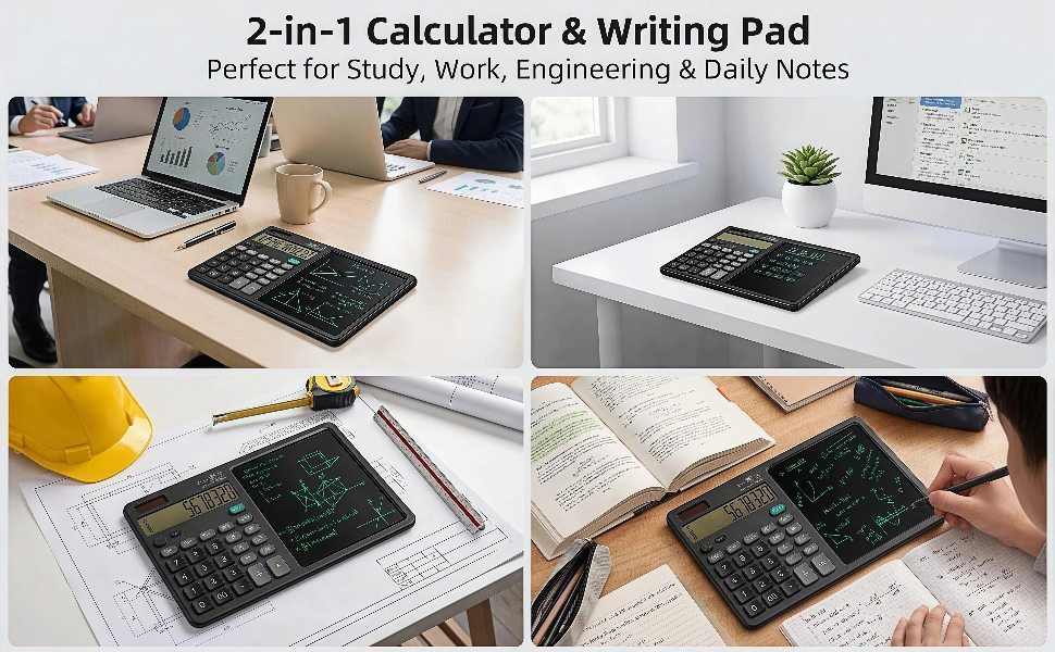 Combines a 12-digit desktop calculator with an LCD writing tablet