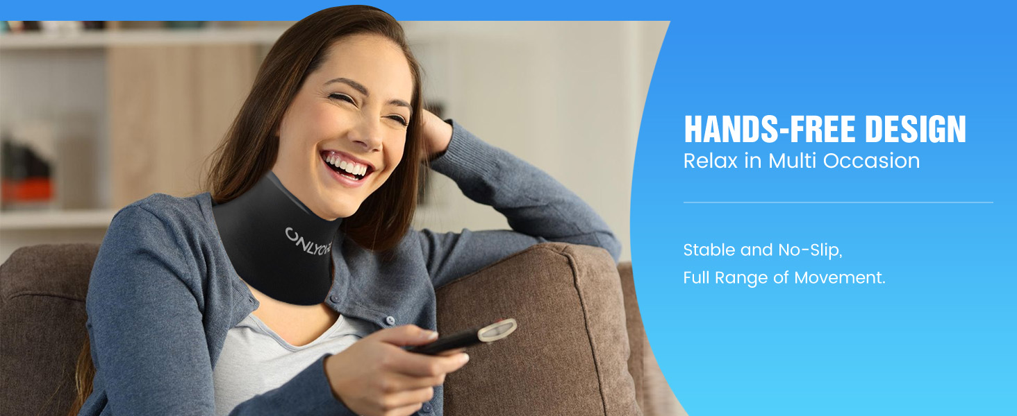 Woman using a hands-free device while sitting on a couch. Text highlights 'Hands-free design' feature.