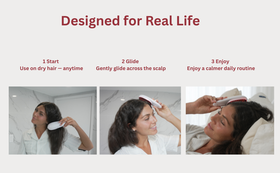 Woman using an electric scalp care brush during a simple daily hair routine