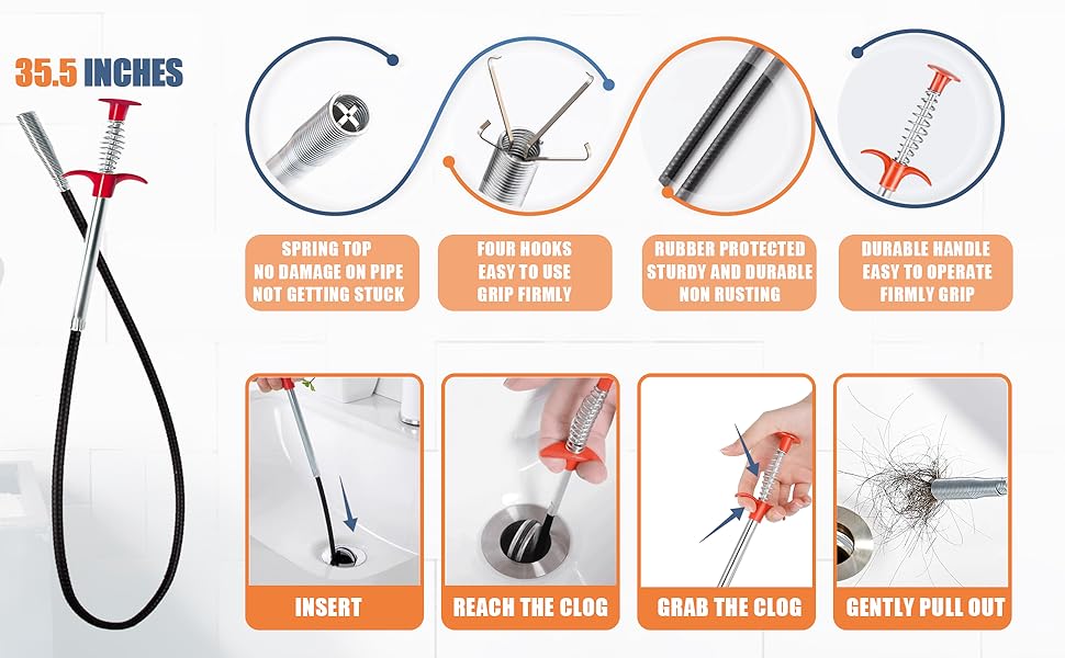 drain clog remover tool for blockage, hair, dirt, clog in the drain pipe