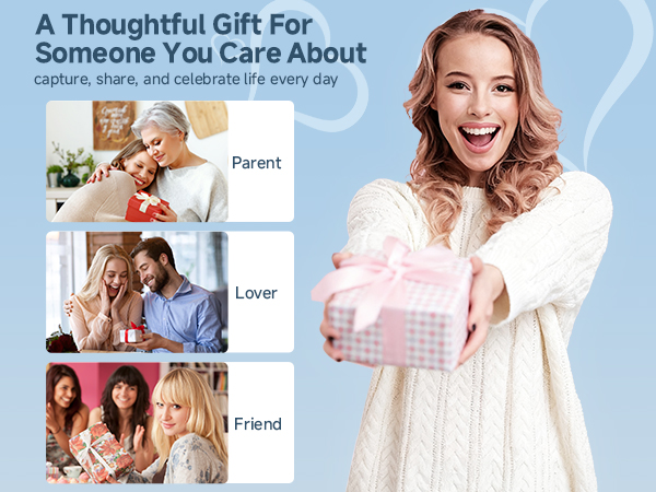 Text reads 'A Thoughtful Gift For Someone You Care About'. Marketing collage showing gift-giving scenarios with labels 'Parent', 'Friend', 'Lover'.