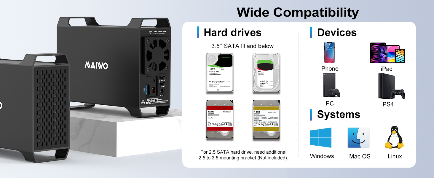 maiwo 2 bay das raid enclosure usb c to 3.5 sata hdd enclosure dual bay
