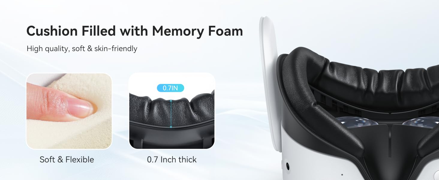 Comparison of cushion firmness, showing 'Soft &amp; Flexible' and '0.7 inch thick' options. Close-up of black cushioned surface demonstrating memory foam properties.