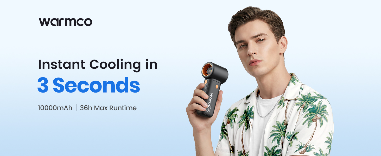 Warmco portable handheld fan 10000mAh rechargeable battery with 36 hours max runtime