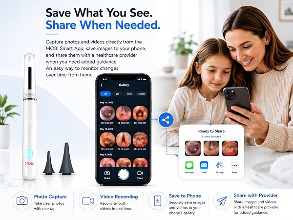 MOBI Smart Ear Camera smartphone app and parent reviewing ear nose and throat images with child.