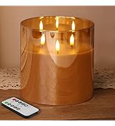 Eywamage 3 Wick Gold Glass Flameless Candle with Remote, Large Flickering LED Battery Pillar Cand...