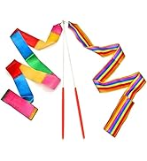 Dance Ribbons Rainbow Streamers Rhythmic Gymnastics Ribbon Baton Twirling Wands on Sticks 2pc for...