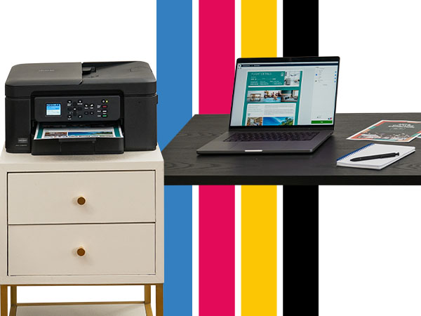 Brother Work Smart MFC-J1360DW multifunction inkjet printer, printing color flyer from laptop wifi