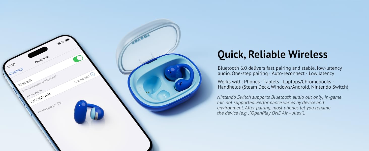 Bluetooth 6.0 features showing fast pairing with phone tablet and Switch.