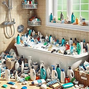 A chaotic bathroom with bottles and toiletries overflowing on the bathtub, floor, and every surface.