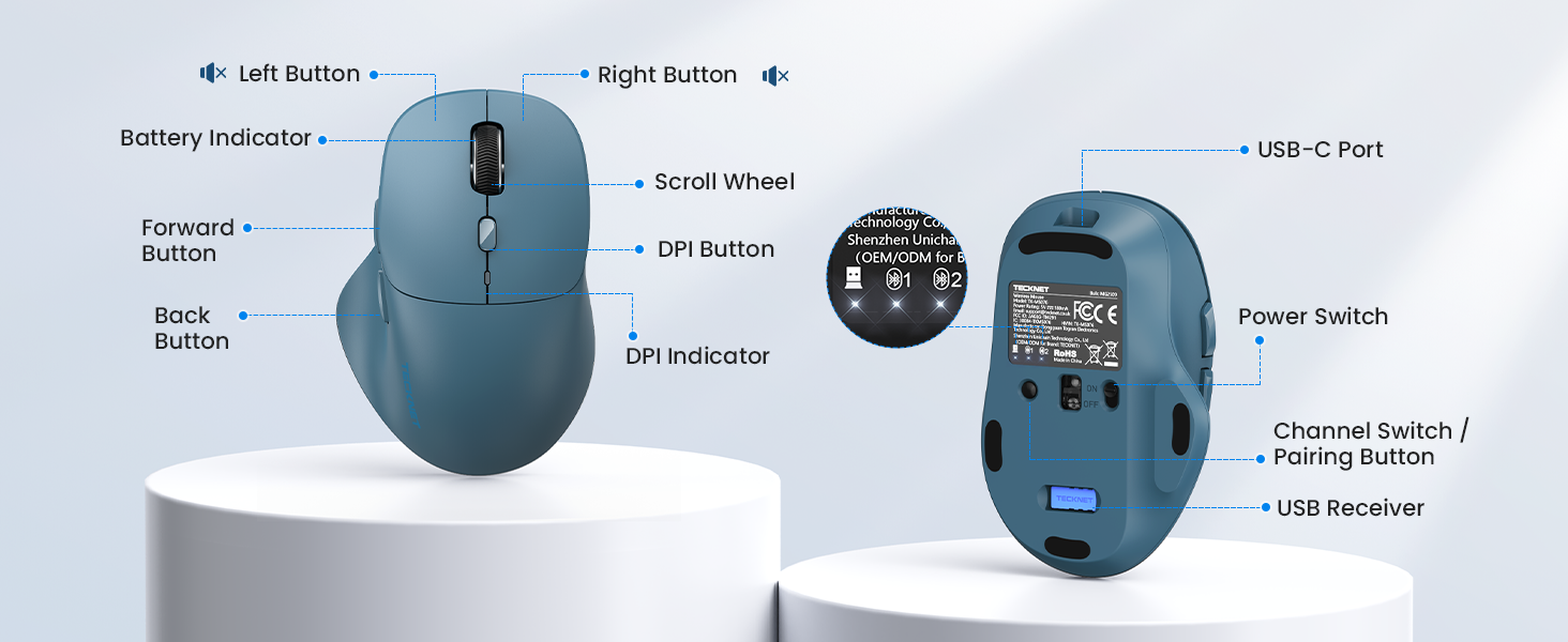 Blue computer mouse photographed from multiple angles with labeled feature callouts including specifications, grip details, and technical information on white background.