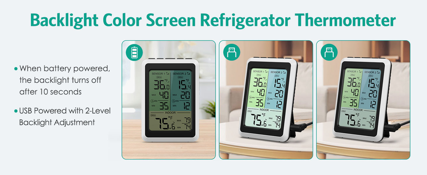 Wireless Freezer Thermometer, Digital Refrigerator Thermometer with 2 Sensors