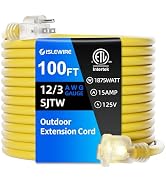 islewire 12 Gauge Outdoor Extension Cord 100 FT Waterproof, 3 Prong Plug, SJTW Heavy Duty 15A 187...