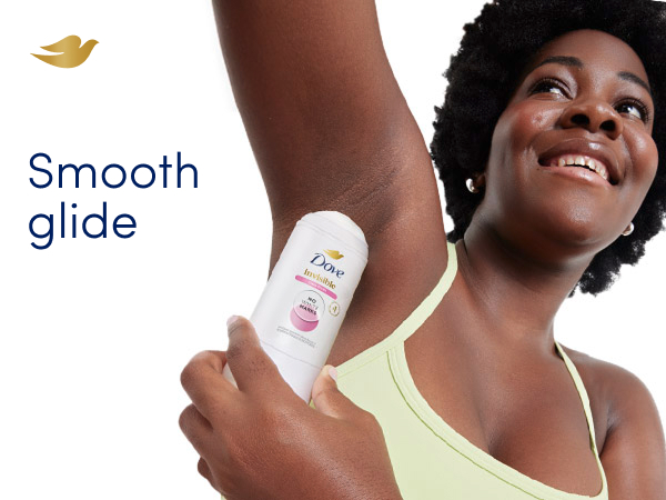 Smiling woman in tank top applying antiperspirant stick next to text that reads: Smooth glide.