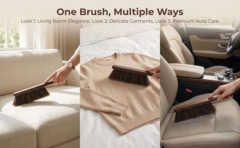 Versatile brush works on furniture, clothes, car interiors, and everyday messes.