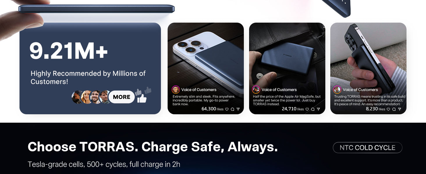 Choose TORRAS. Charge Safe, Always. Tesla-grade cells, 500+ cycles, full charge in 2h