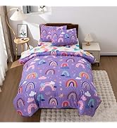 Btargot 5 Piece Dark Purple Rainbow Comforter Set for Girls Boys Kids, Twin Size Cartoon Love Hea...