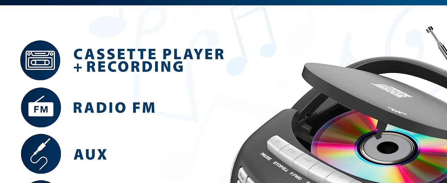 Text reads: 'CASSETTE PLAYER AUX', 'RADIO FM'. Product feature icons with text labels showing device capabilities.