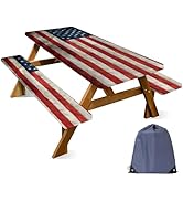 ANNA QUEEN Patriotic American Flag 6FT Picnic Table Cover with Bench Covers Set of 3 with Drawstr...