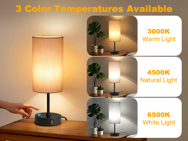 The table lamp has 3 color temperatures:3000K warm light, 4500K natural light and 6500K white light.