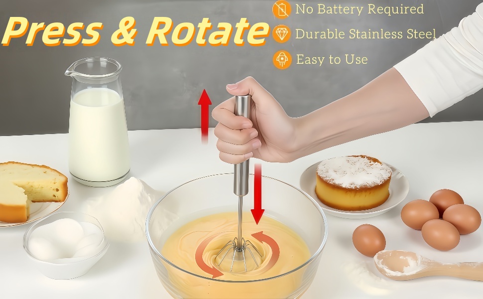 Stainless Steel Egg Whisk, Hand Push Rotary Whisk Blender