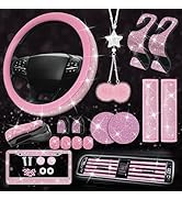 26PCS Pink Bling Car Accessories for Women with Diamond Bling Steering Wheel Cover Women Fit 14.5...