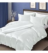 MILVOWOC 6 Pcs White Satin Duvet Cover Full/Queen Size Set, Silky Bed Duvet Cover Luxury Satin Be...