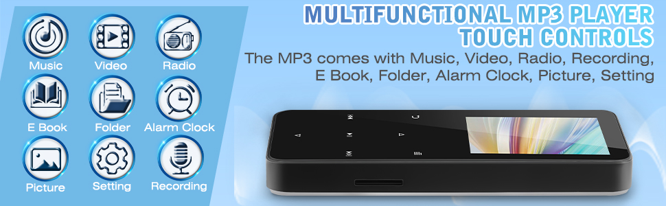 Multifunctional MP3 player with touchscreen display. Features include music, video, photo viewing, e-book, folder, alarm clock, and picture settings. Device shown with interface icons.