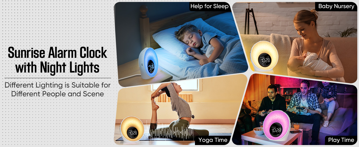 Text reads 'Sunrise Alarm Clock with Night Lights' and 'Wake Up Refreshed with Our Sunrise Alarm. Different People and Scenes'. Blue alarm clock shown with product images displaying multiple nightlight color modes.