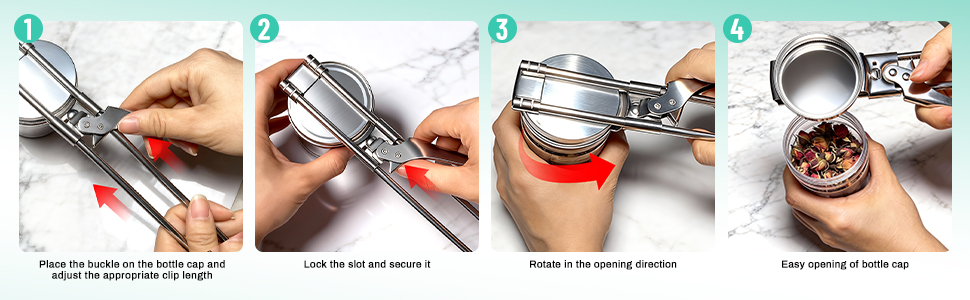 4-step instruction for using a stainless steel jar opener