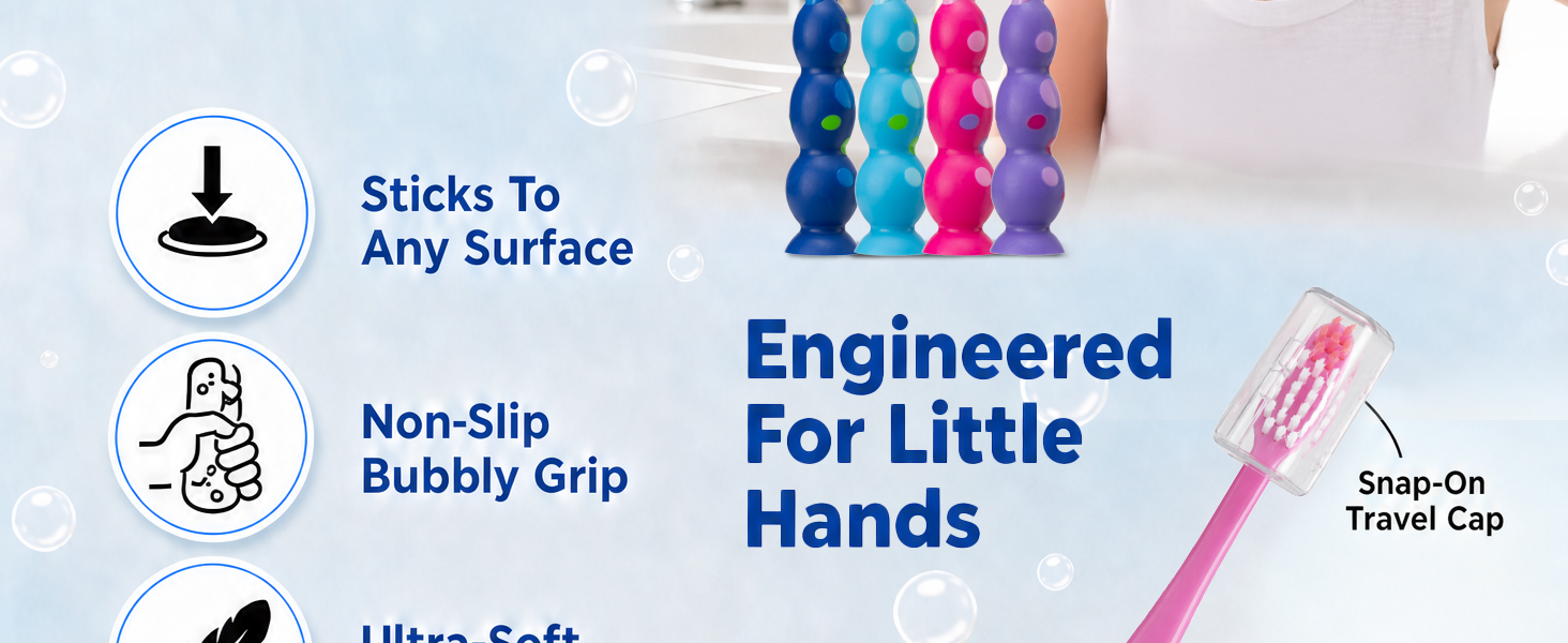 Kids&amp;#39; toothbrush features: suction base, bubbly grip, ultra-soft bristles, snap-on travel cap