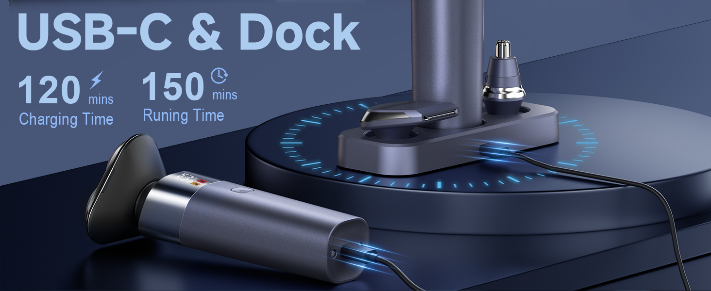Electric Razor for men,Rechargeable 3-in-1 Electric Shaver,USB-C Fast Charging,Dock Charging,LED