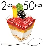 DLux 50 x 2 oz Mini Dessert Cups with Spoons, Asymmetrical - Clear Plastic Parfait Appetizer Cup ...