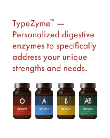 4 bottles of digestive enzymes red blue yellow and green labels one for each bloodtype 