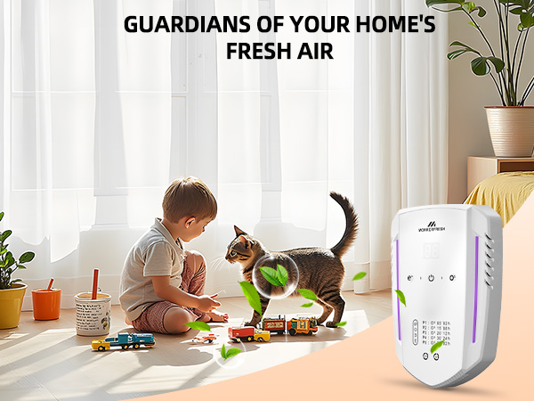 Text reads: 'GUARDIANS OF OUR HOME'S FRESH AIR'. Bright interior scene with air purifier unit visible, houseplants, and natural lighting through window.