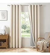 100% Blackout Shield Linen Blackout Curtains for Bedroom 84 Inches Long, Butter Cream Grommet Cur...
