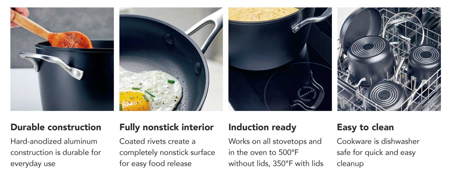 cookware, pots and pans, set, hard anodized, nonstick, saucepan, frying pan, stockpot, kitchenaid