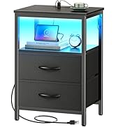 Huuger Night Stand with Charger Station and LED Lights, 2 Drawer Nightstand, Bed Side Table with ...