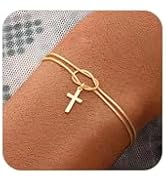 NECOCY Gold Cross Bracelet for Women, Dainty 14K Gold Plated/Silver Plated Charm Bracelet Stack T...