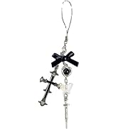 Kryoflare Phone Charm Keychain Lanyard, Y2K Style with Black Cross-Bow Beads, Silver and Black