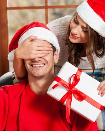 Series of holiday gift-giving moments showing wrapped presents with red and white wrapping paper and Santa hats.