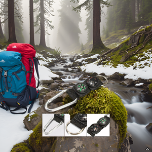 A rugged outdoor scene with a product resting on a rocky surface, surrounded by lush greenery and a 