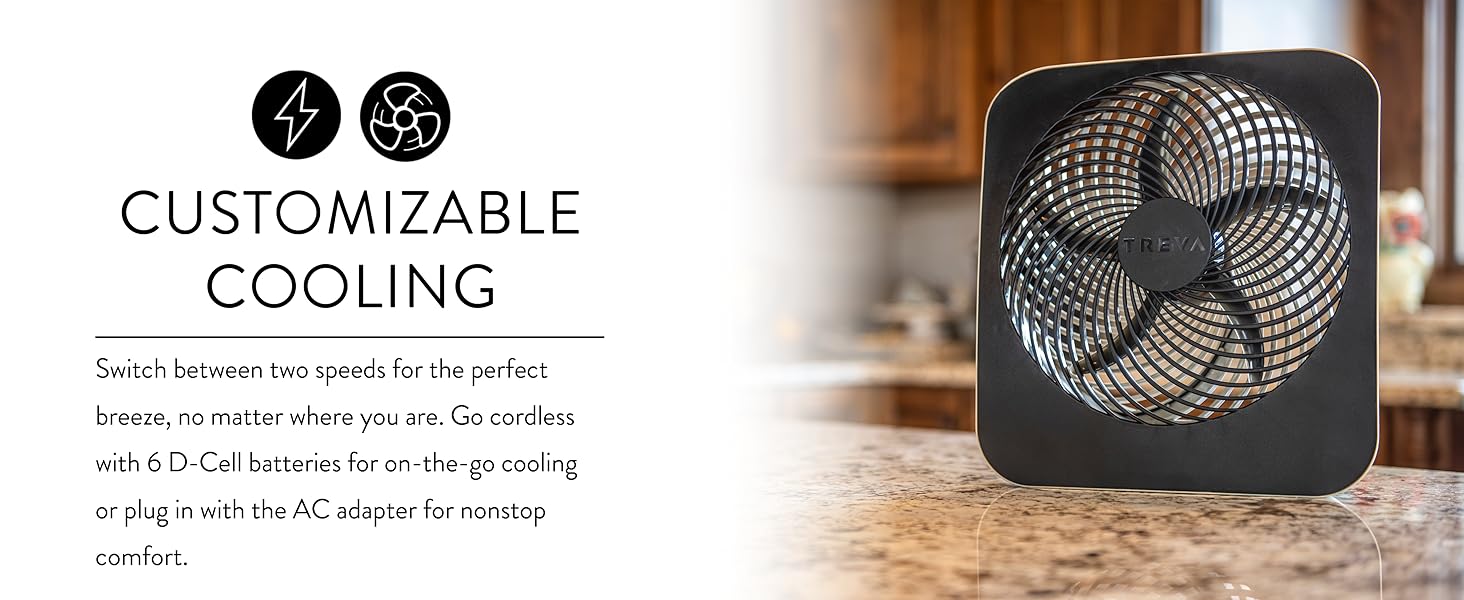 Treva 10 Inch Fin Fan Black on kitchen counter