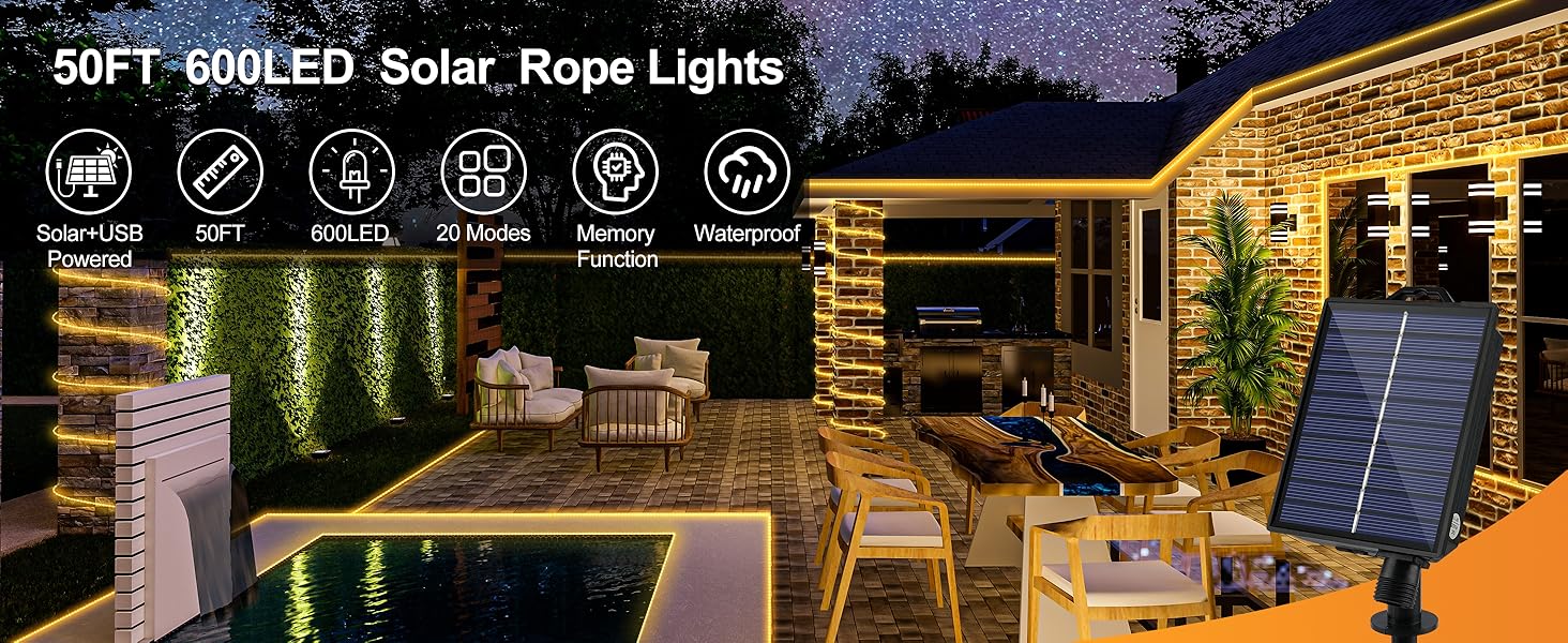 50FT 600LED Solar Rope Lights