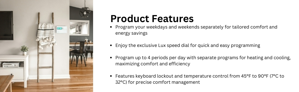 Lifestyle image of a programmable thermostat for house in a living room
