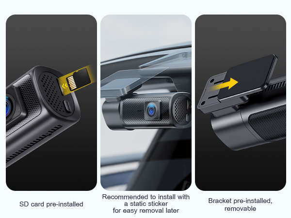 Dashcam product featuring three views: SD card slot, front-facing camera lens, and bracket installation. Text indicates recommended installation with rear-view mirror.